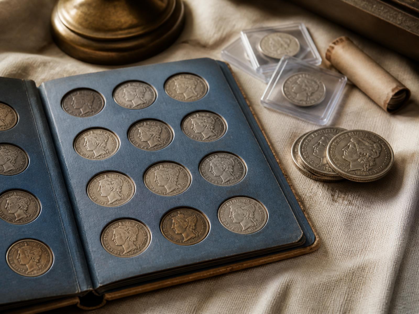 A vintage coin folder album filled with old silver coins, beside coin flips and a paper coin roll